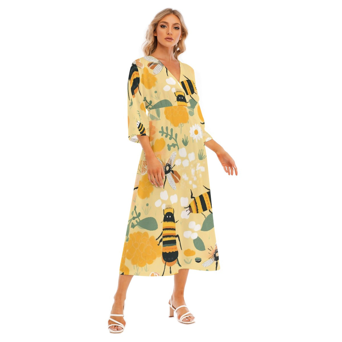 All-Over Print Women's Mid-Sleeve Long Dress