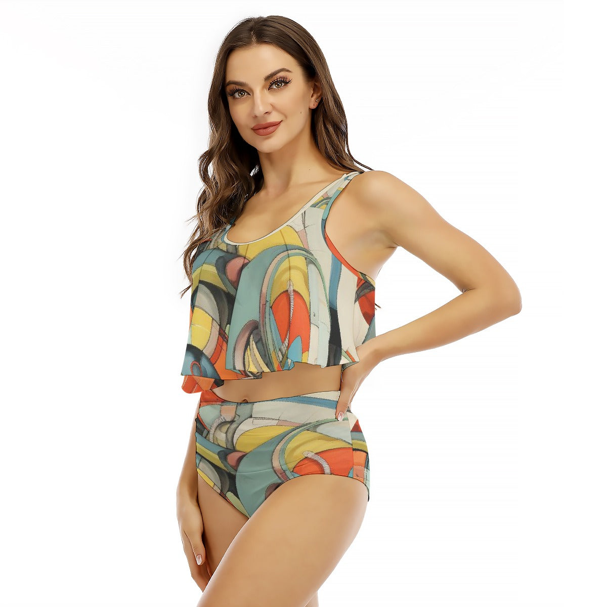 All-Over Print Women's Ruffled Vest Bikini Swimsuit