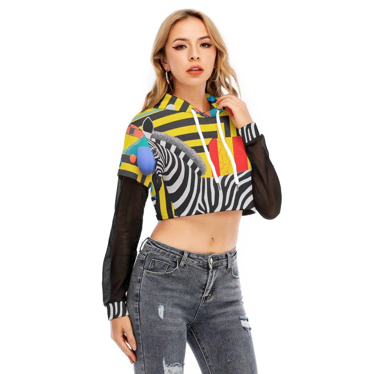 All-Over Print Women's Fake Two-piece Mesh Sleeve Cropped Hoodie