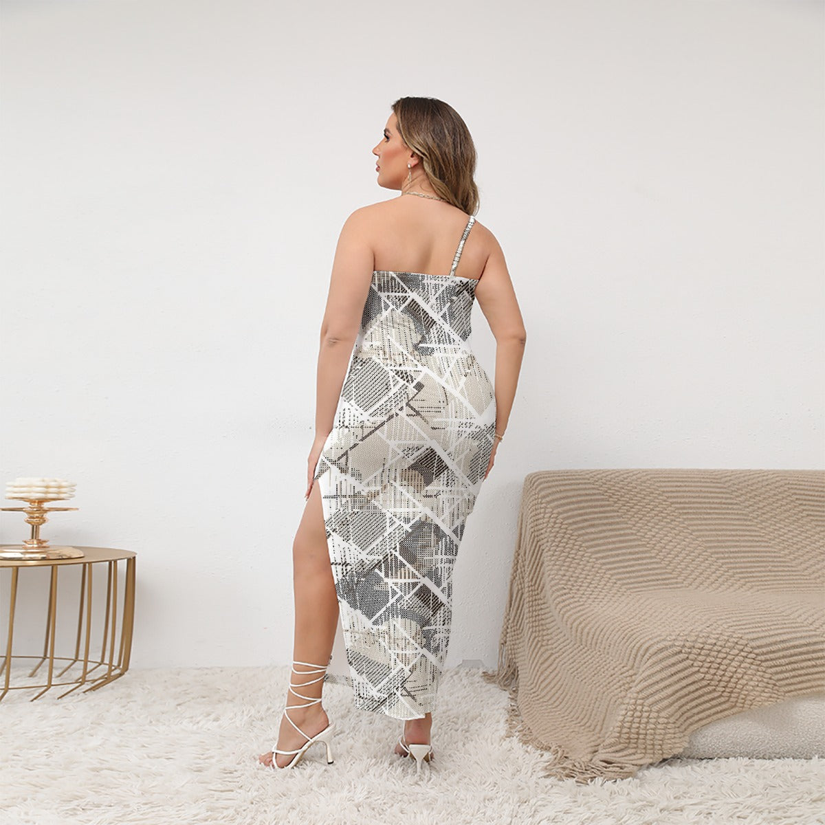 All-Over Print Women's Oblique-Shoulder Exposure Dress With Side Split (Plus Size)