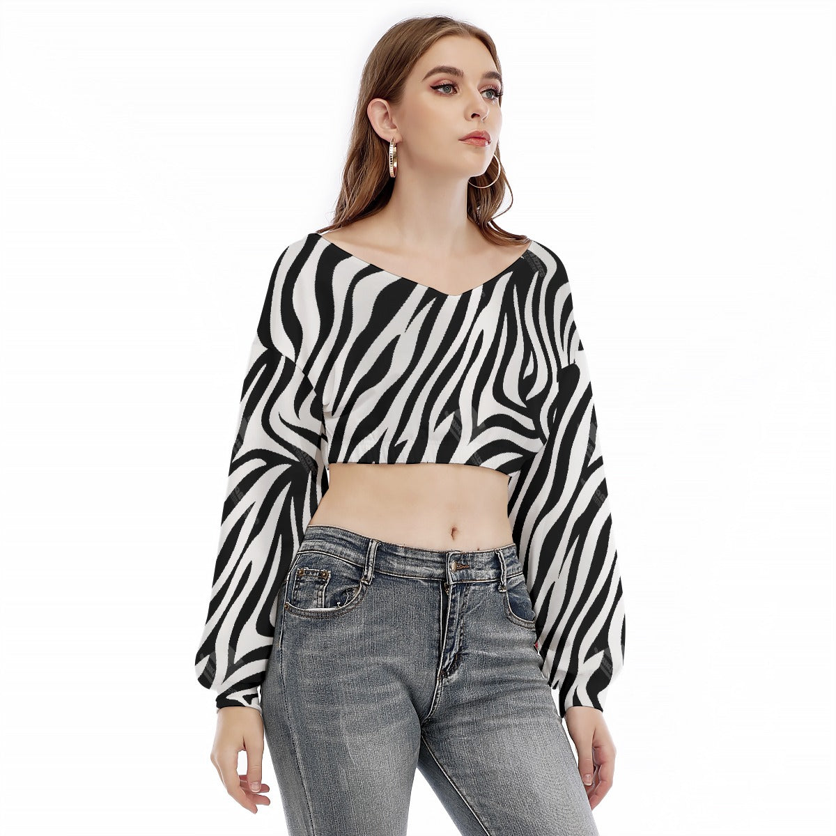 All-Over Print Women's V-neck Long Sleeve Cropped Sweatshirt