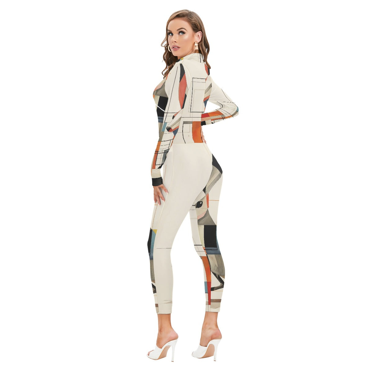 All-Over Print Women's Long-sleeved High-neck Jumpsuit With Zipper