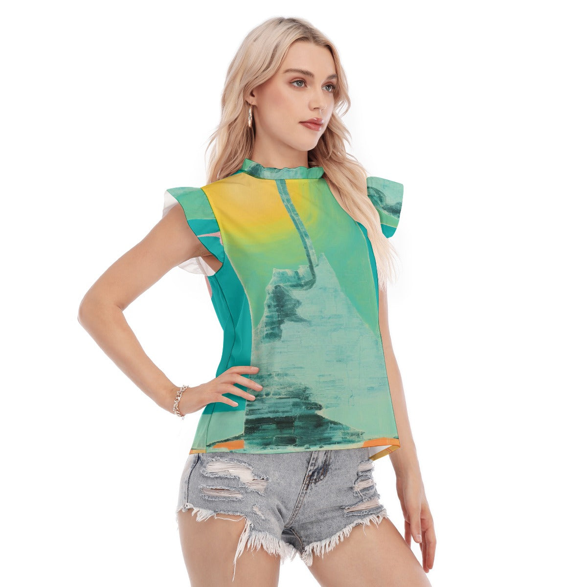 All-Over Print Women's Blouse With Ruffle Collar And Sleeve