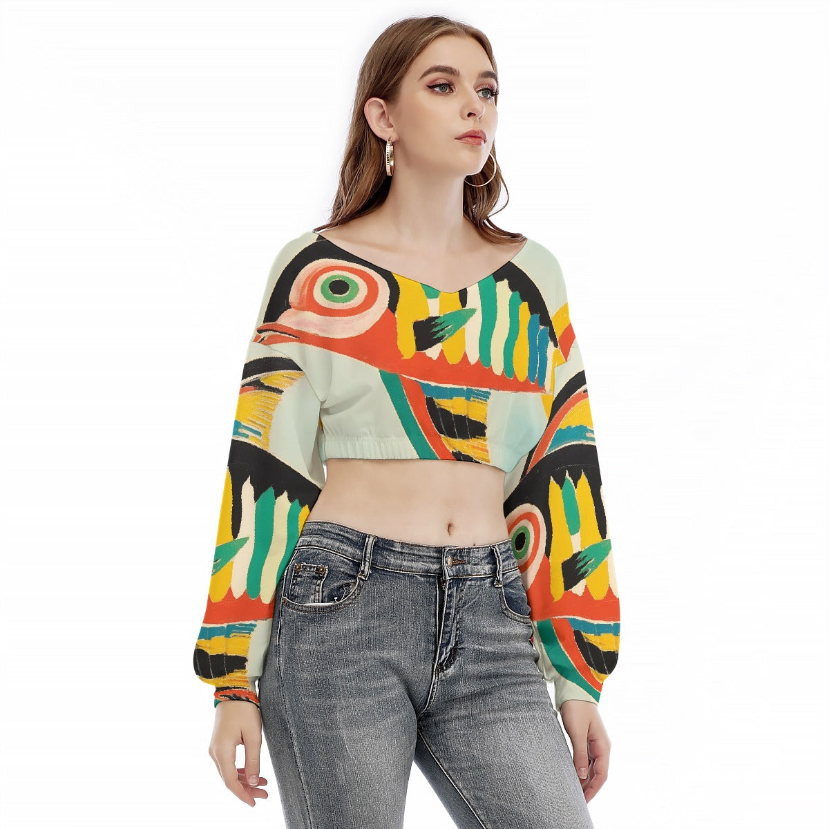 All-Over Print Women's V-neck Long Sleeve Cropped Sweatshirt