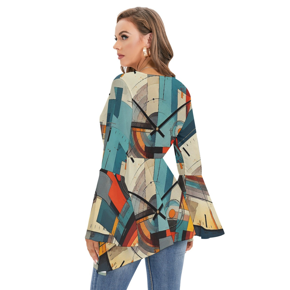 All-Over Print Women's V-neck Blouse With Flared Sleeves