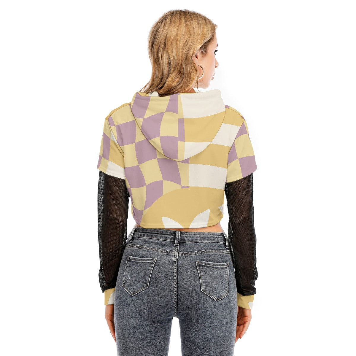 All-Over Print Women's Fake Two-piece Mesh Sleeve Cropped Hoodie