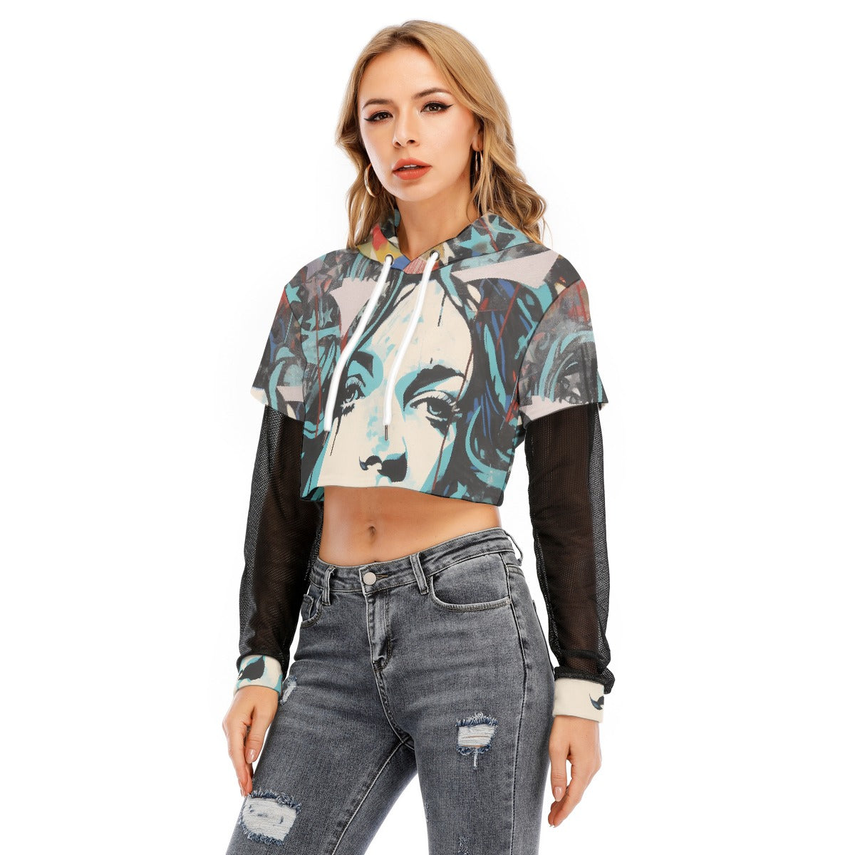 All-Over Print Women's Fake Two-piece Mesh Sleeve Cropped Hoodie