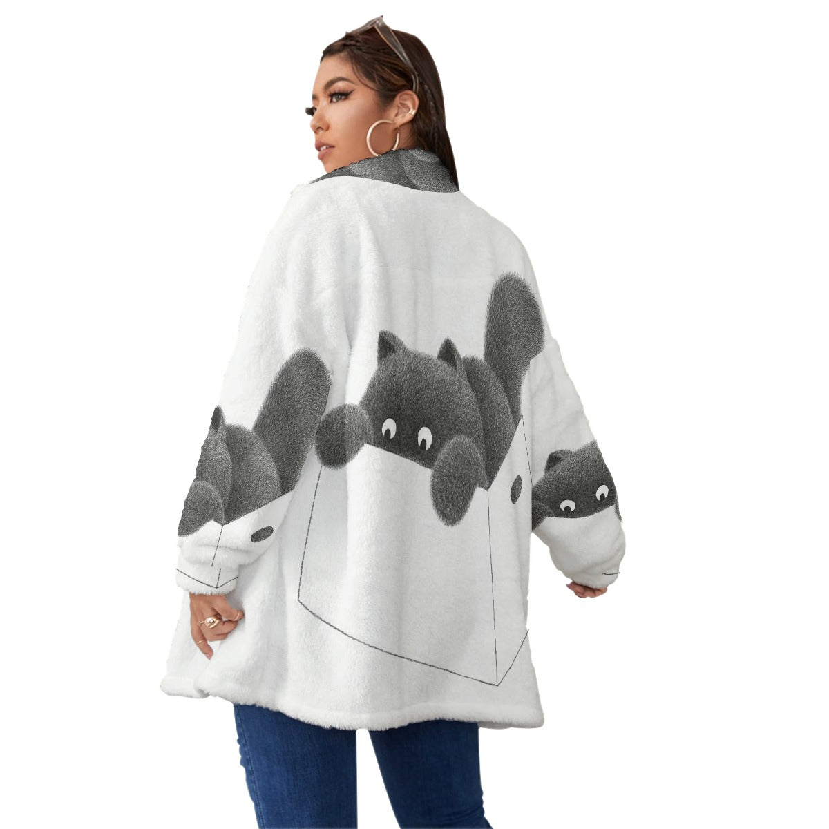 All-Over Print Unisex Borg Fleece Stand-up Collar Coat With Zipper Closure(Plus Size)