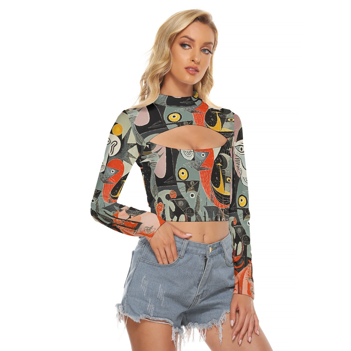 All-Over Print Women's Hollow Chest Keyhole Tight Crop Top