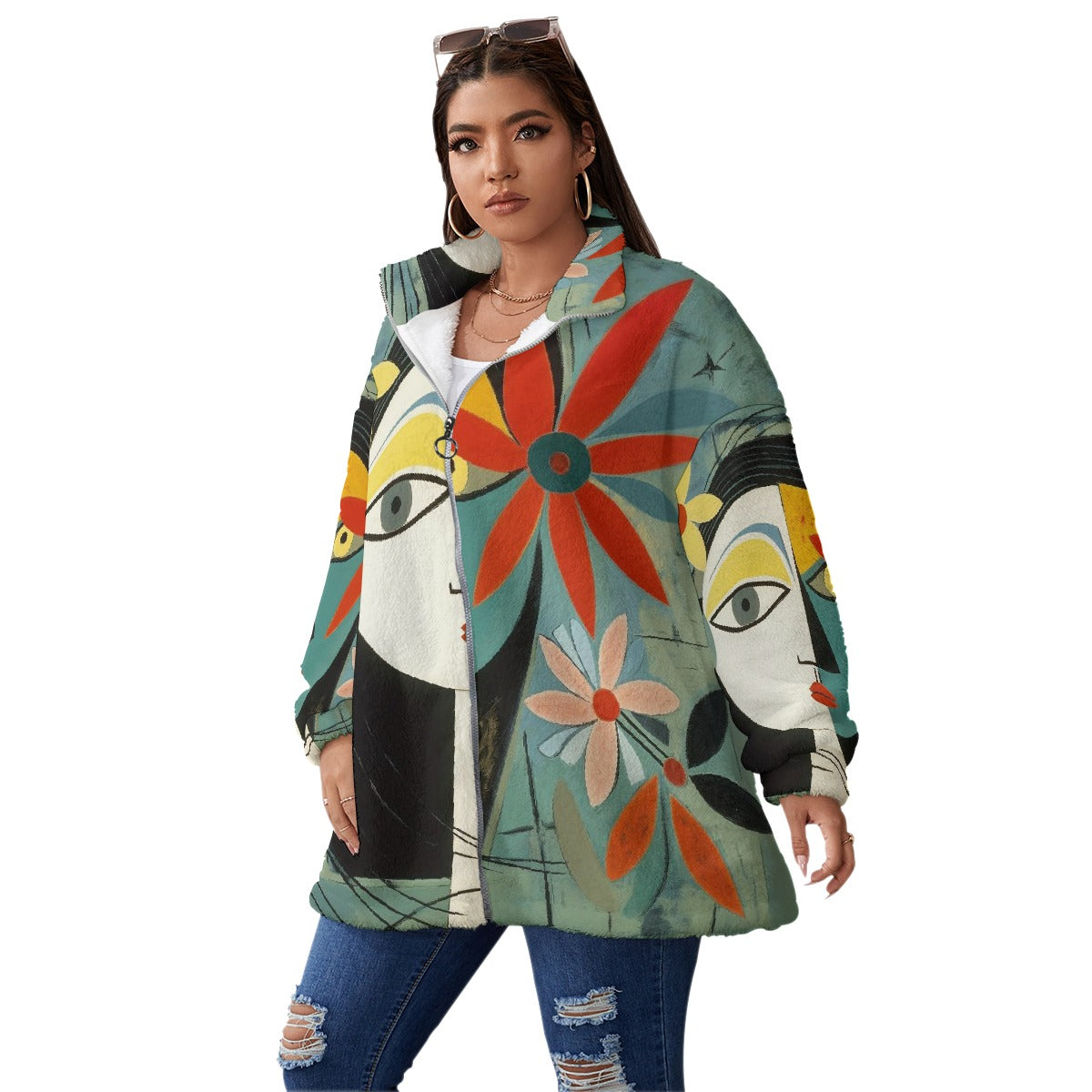 All-Over Print Unisex Borg Fleece Stand-up Collar Coat With Zipper Closure(Plus Size)