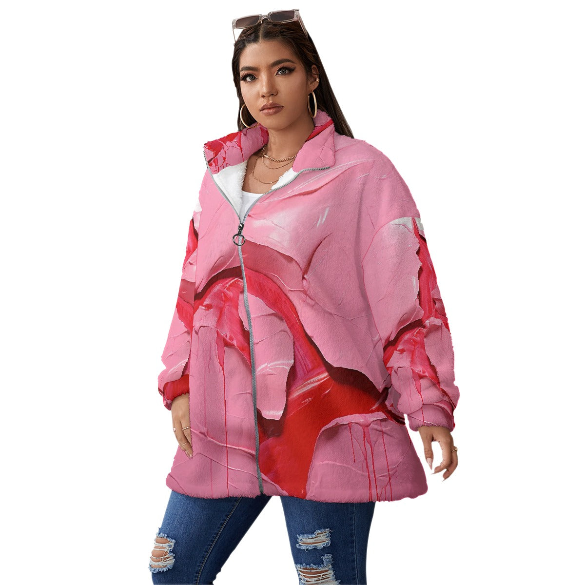 All-Over Print Unisex Borg Fleece Stand-up Collar Coat With Zipper Closure(Plus Size)