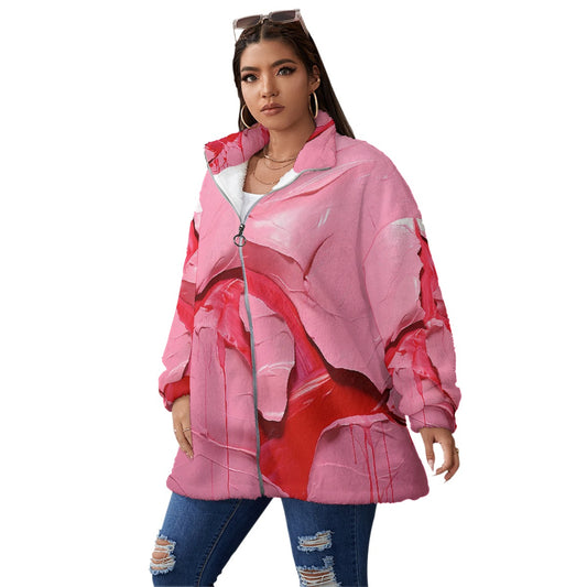 All-Over Print Unisex Borg Fleece Stand-up Collar Coat With Zipper Closure(Plus Size)