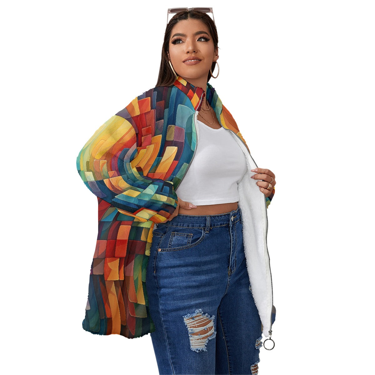 All-Over Print Unisex Borg Fleece Stand-up Collar Coat With Zipper Closure(Plus Size)