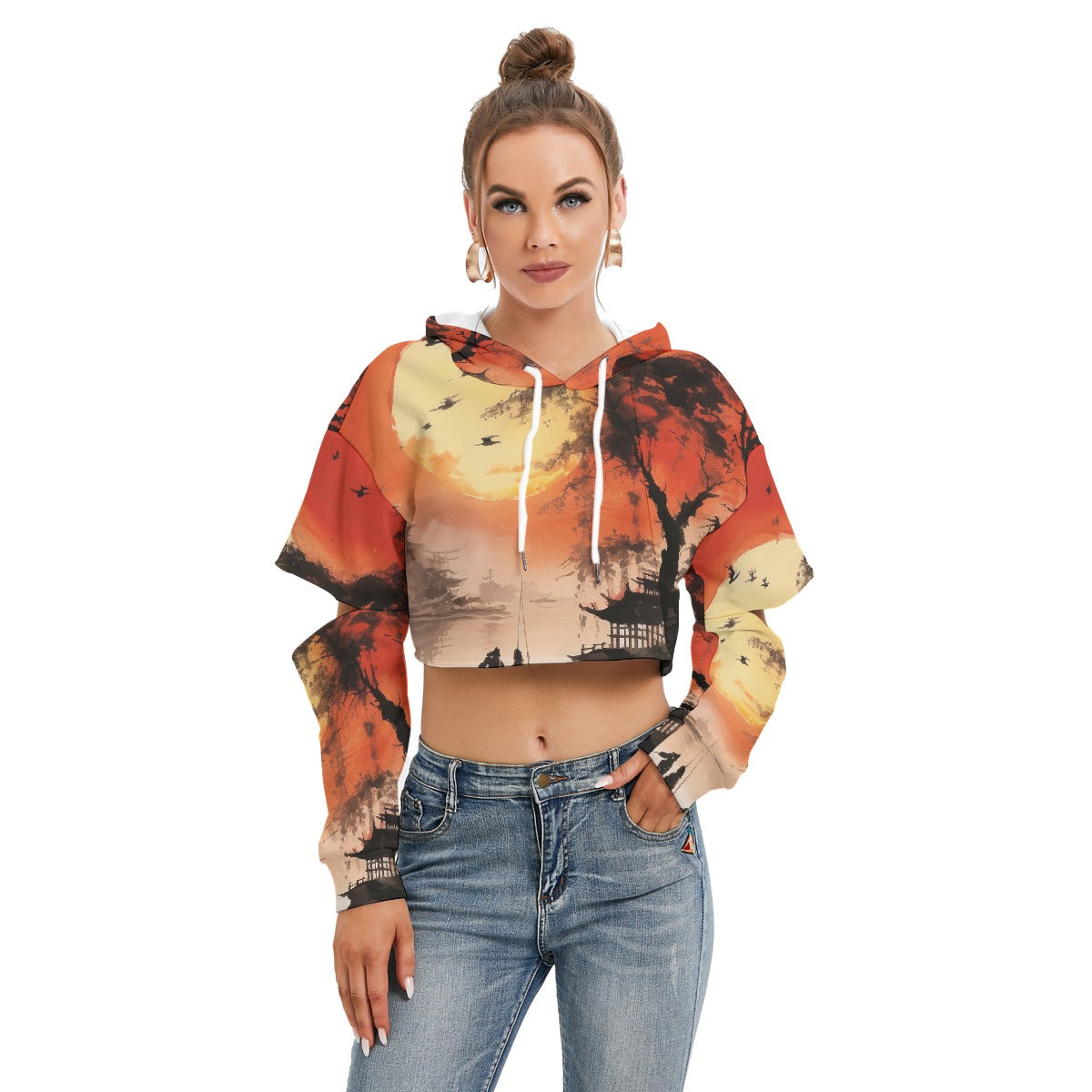All-Over Print Women's Heavy Fleece Hoodie With Hollow Out Sleeve