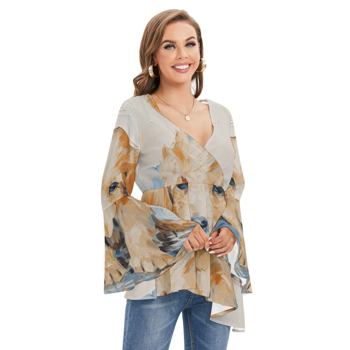 All-Over Print Women's V-neck Blouse With Flared Sleeves