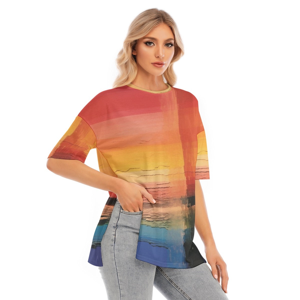 All-Over Print Women's Short Sleeves T-shirt With Hem Split