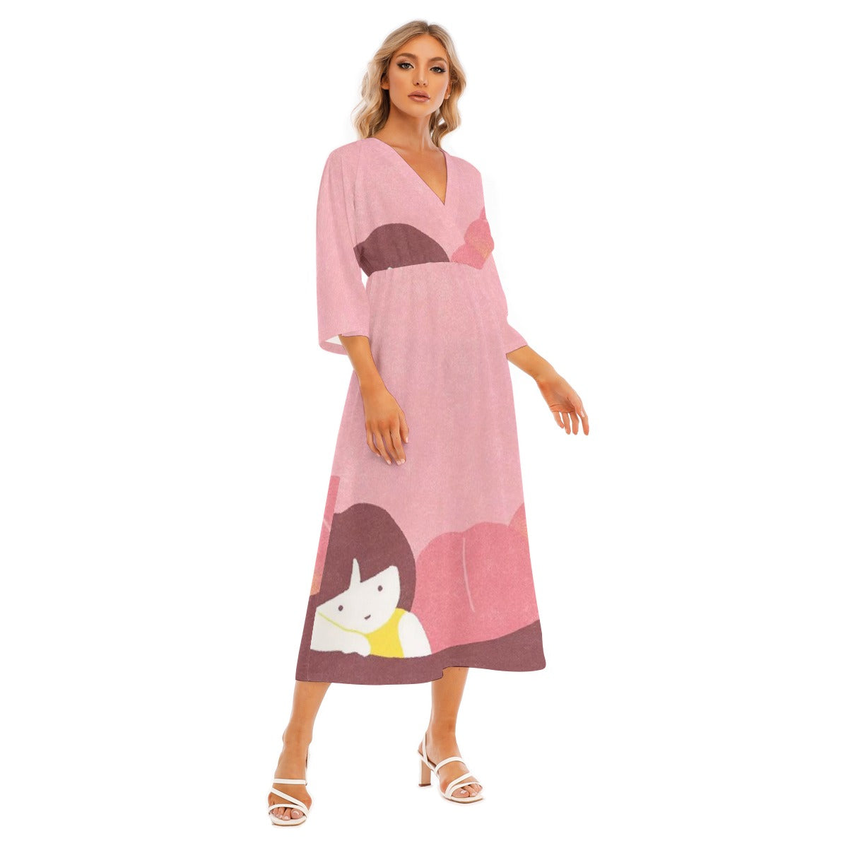 All-Over Print Women's Mid-Sleeve Long Dress