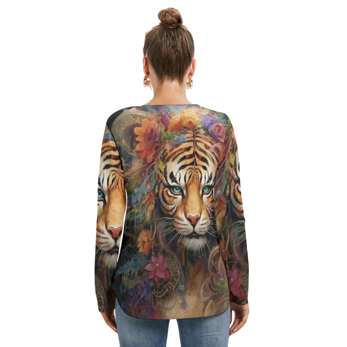 All-Over Print Women's Long Sleeve Neckline Tie Sweatshirt