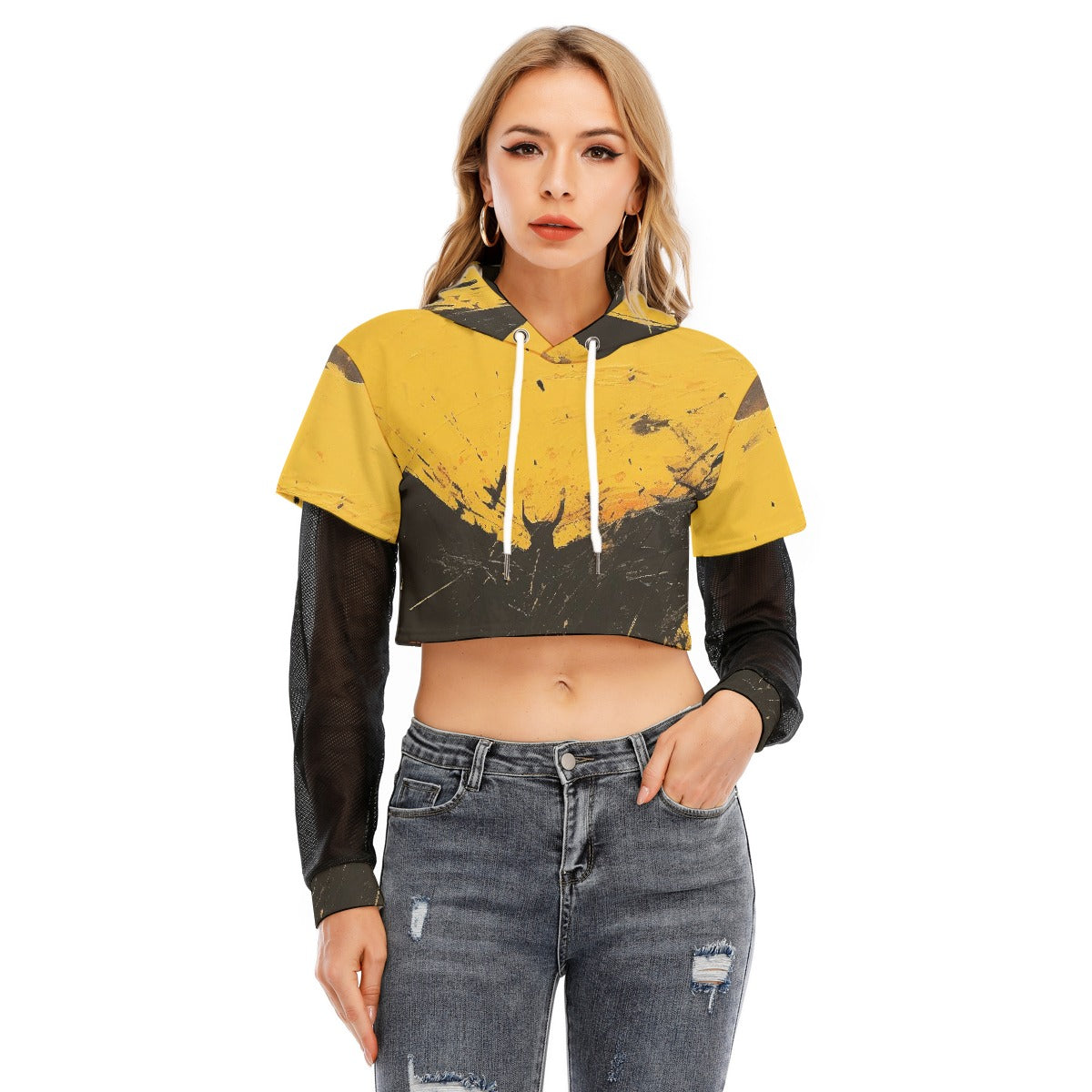 All-Over Print Women's Fake Two-piece Mesh Sleeve Cropped Hoodie