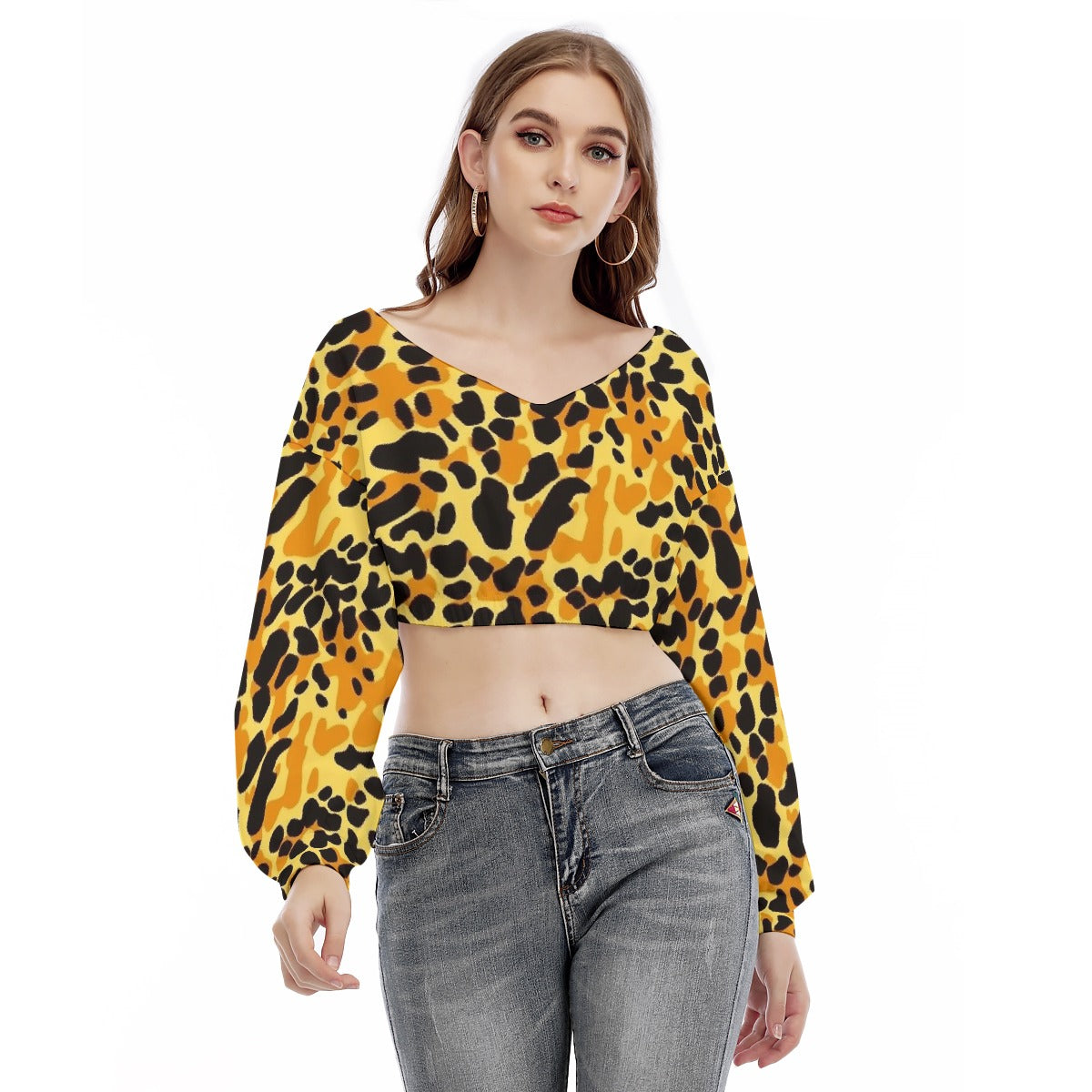 All-Over Print Women's V-neck Long Sleeve Cropped Sweatshirt