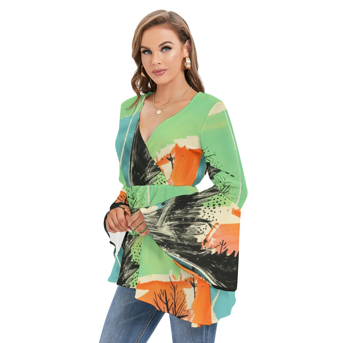 All-Over Print Women's V-neck Blouse With Flared Sleeves