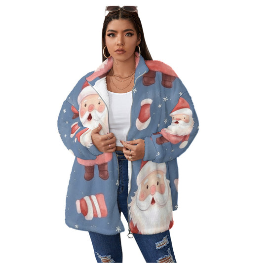 All-Over Print Unisex Borg Fleece Stand-up Collar Coat With Zipper Closure(Plus Size)