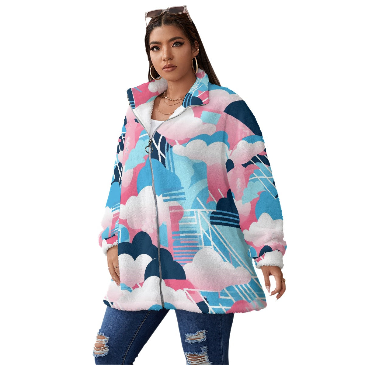 All-Over Print Unisex Borg Fleece Stand-up Collar Coat With Zipper Closure(Plus Size)