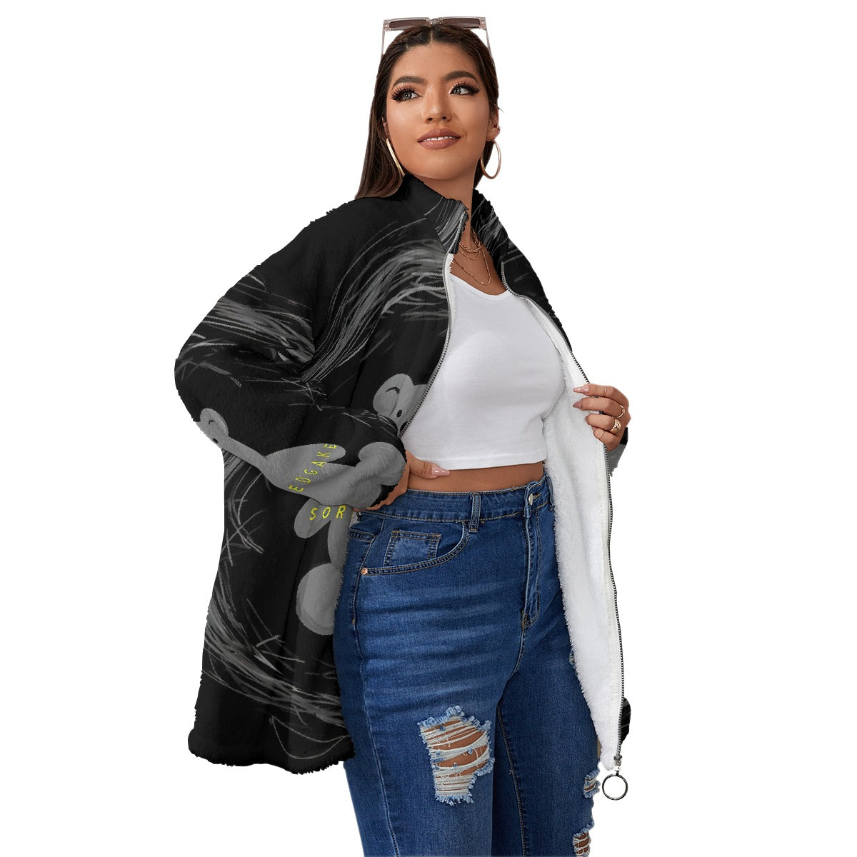 All-Over Print Unisex Borg Fleece Stand-up Collar Coat With Zipper Closure(Plus Size)