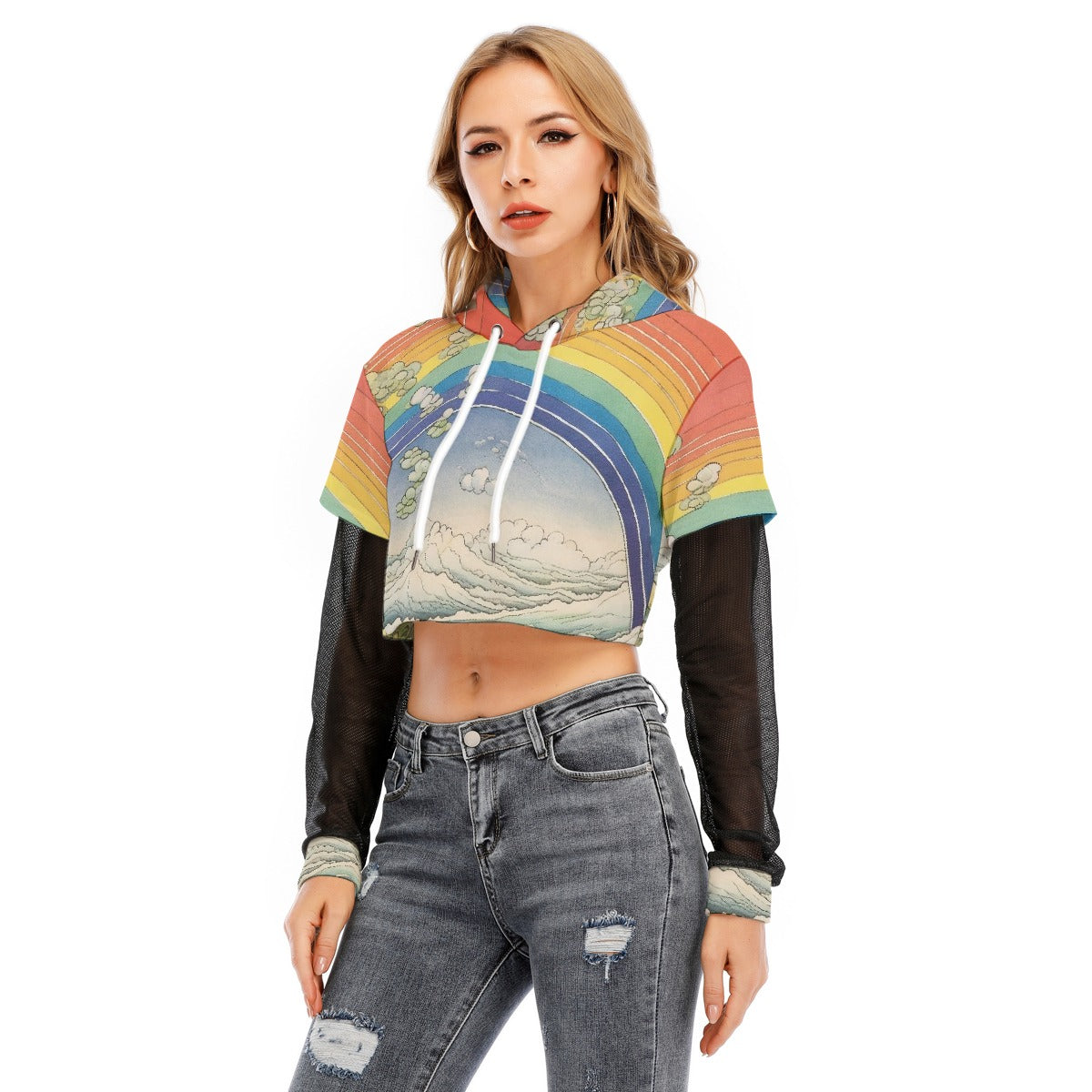 All-Over Print Women's Fake Two-piece Mesh Sleeve Cropped Hoodie