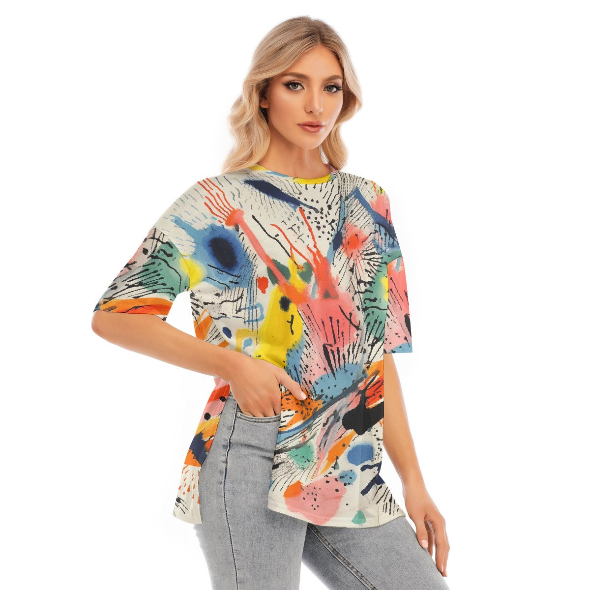 All-Over Print Women's Short Sleeves T-shirt With Hem Split