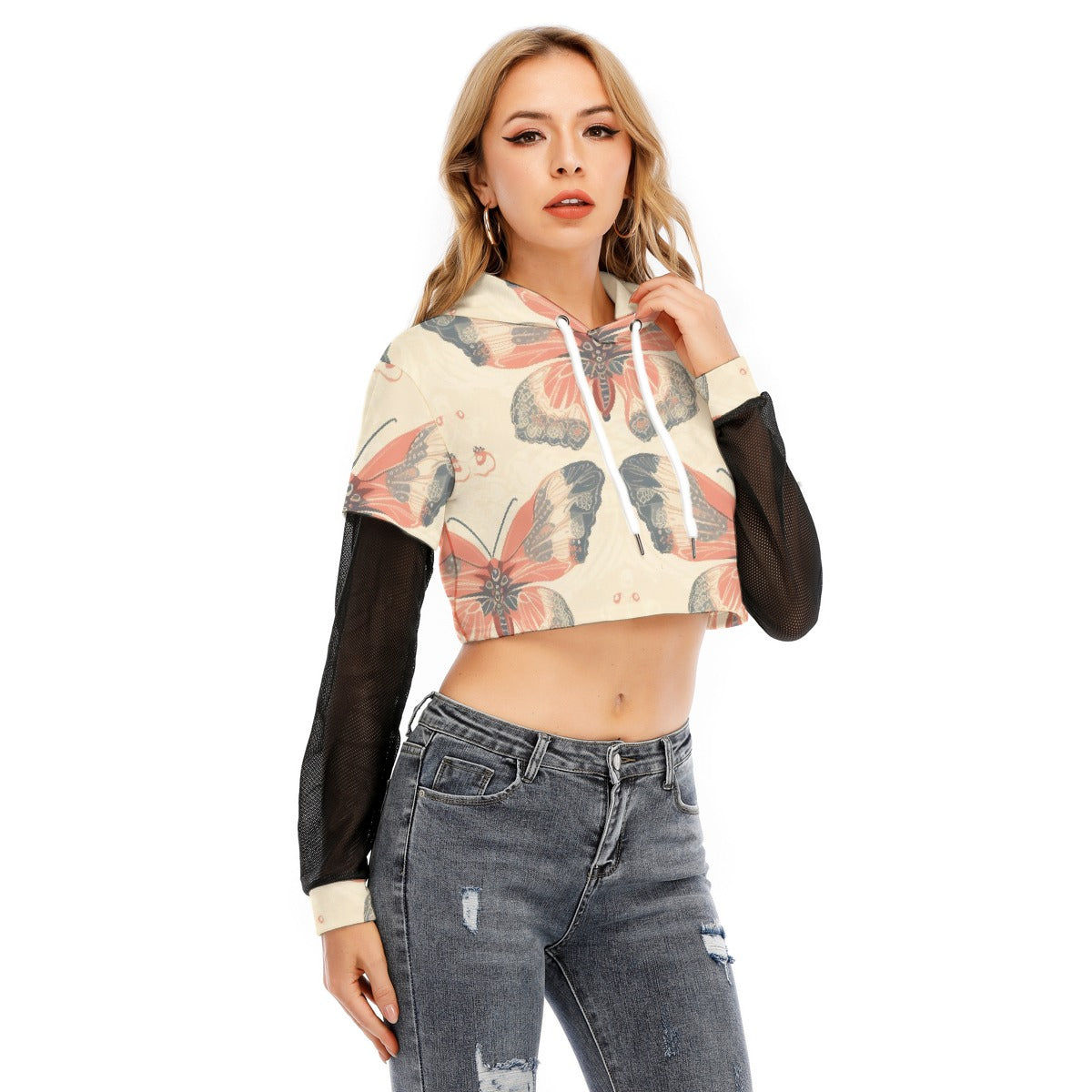 All-Over Print Women's Fake Two-piece Mesh Sleeve Cropped Hoodie