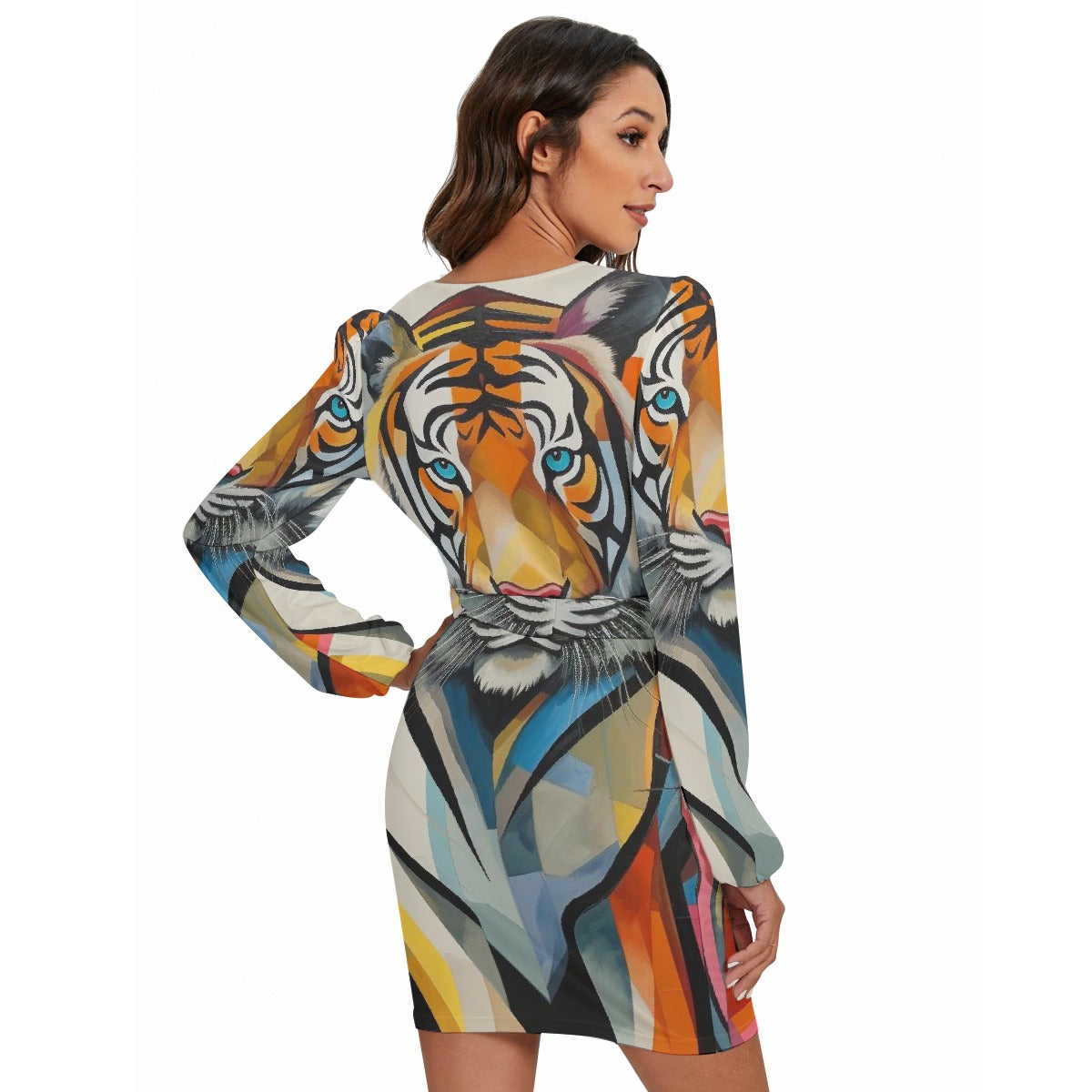 All-Over Print Women's Long Sleeve Dress With Waist Belt