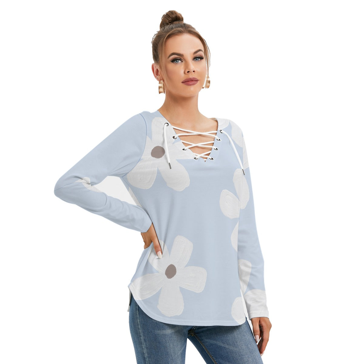 All-Over Print Women's Long Sleeve Neckline Tie Sweatshirt