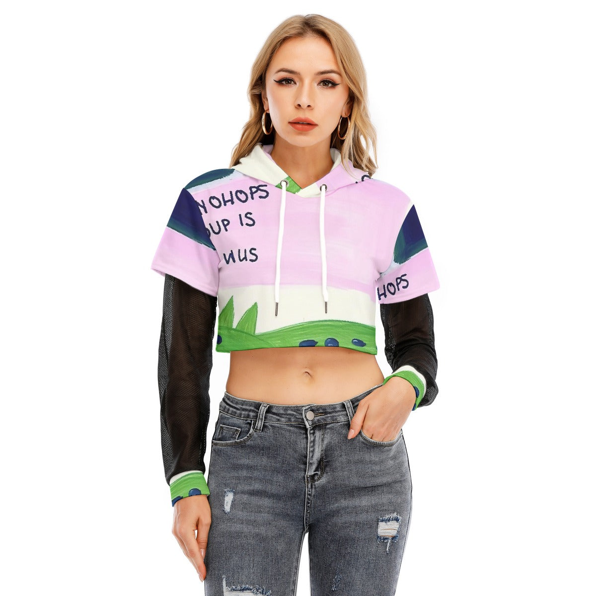All-Over Print Women's Fake Two-piece Mesh Sleeve Cropped Hoodie