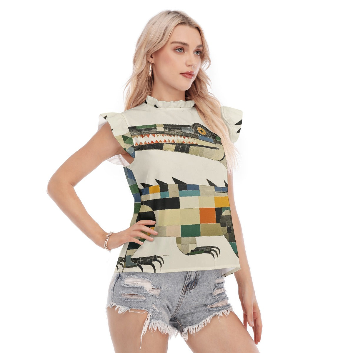 All-Over Print Women's Blouse With Ruffle Collar And Sleeve