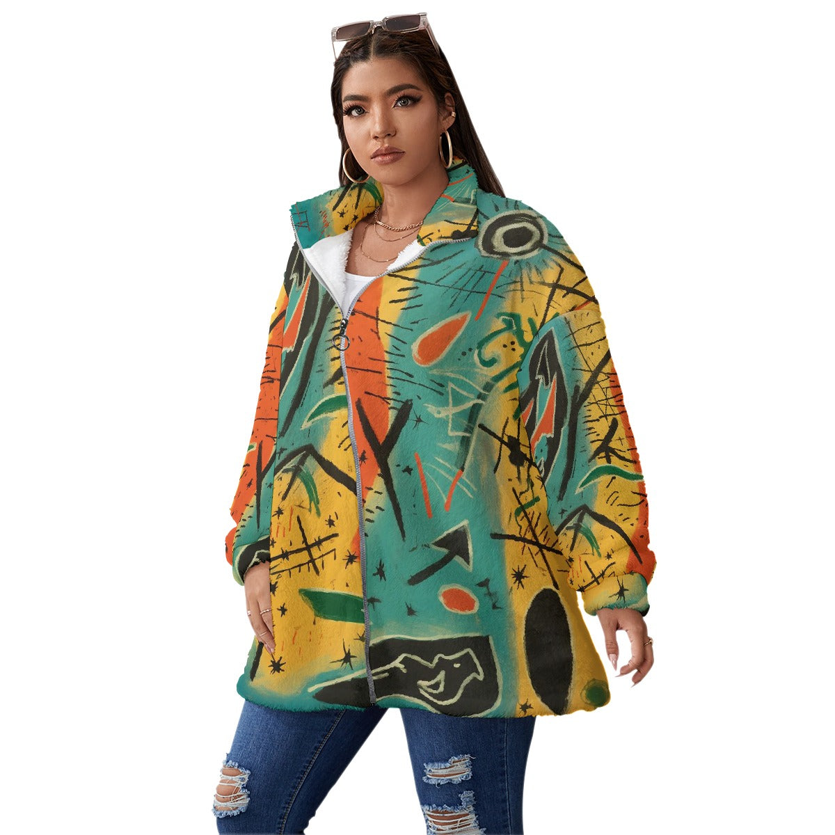 All-Over Print Unisex Borg Fleece Stand-up Collar Coat With Zipper Closure(Plus Size)