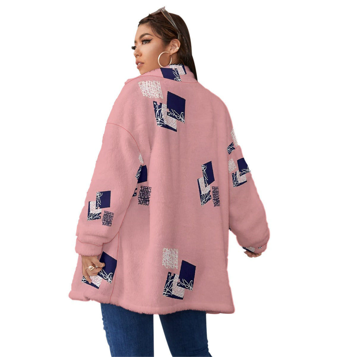 All-Over Print Unisex Borg Fleece Stand-up Collar Coat With Zipper Closure(Plus Size)