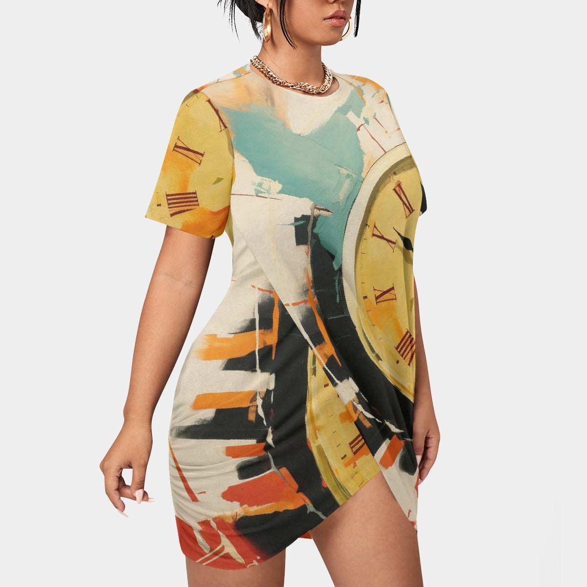 All-Over Print Women’s Stacked Hem Dress With Short Sleeve（Plus Size）