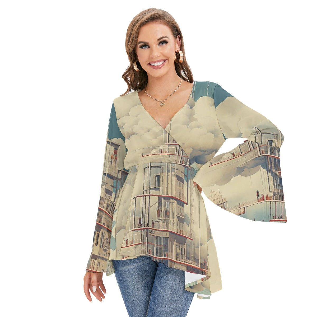 All-Over Print Women's V-neck Blouse With Flared Sleeves