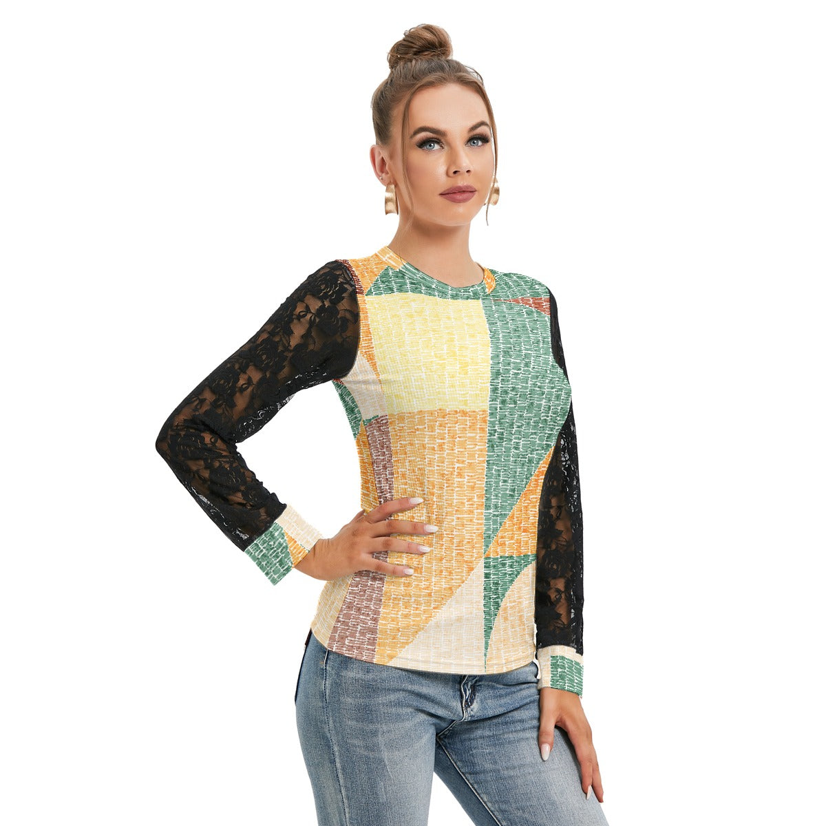 All-Over Print Women's T-shirt And Sleeve With Black Lace