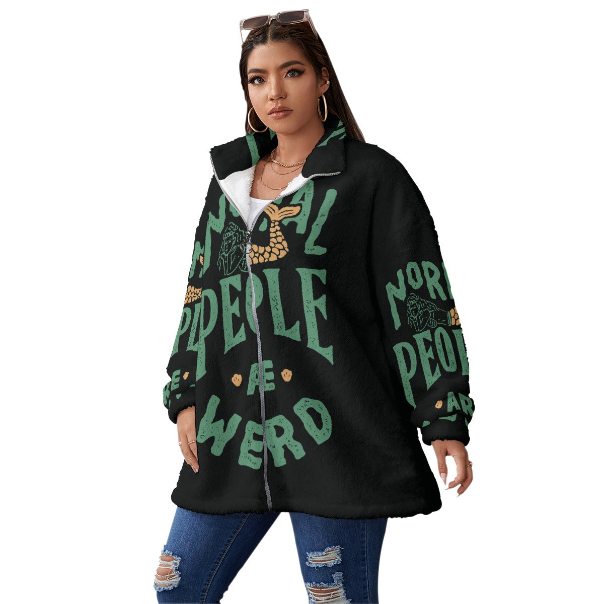 All-Over Print Unisex Borg Fleece Stand-up Collar Coat With Zipper Closure(Plus Size)