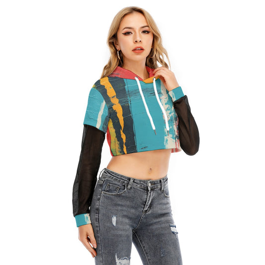 All-Over Print Women's Fake Two-piece Mesh Sleeve Cropped Hoodie