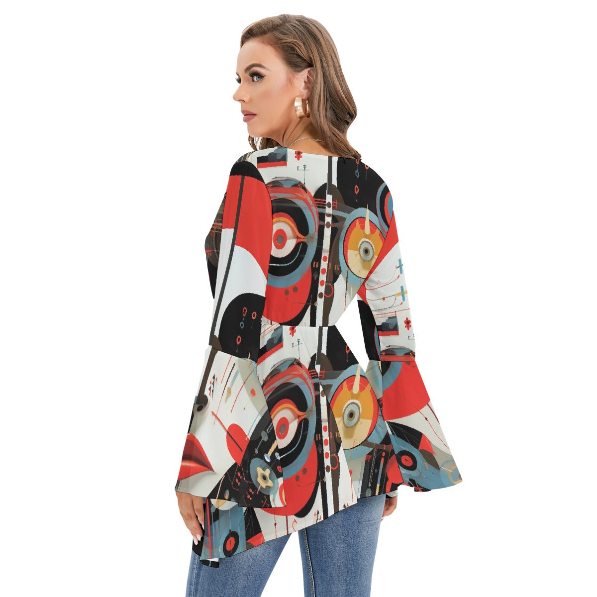 All-Over Print Women's V-neck Blouse With Flared Sleeves