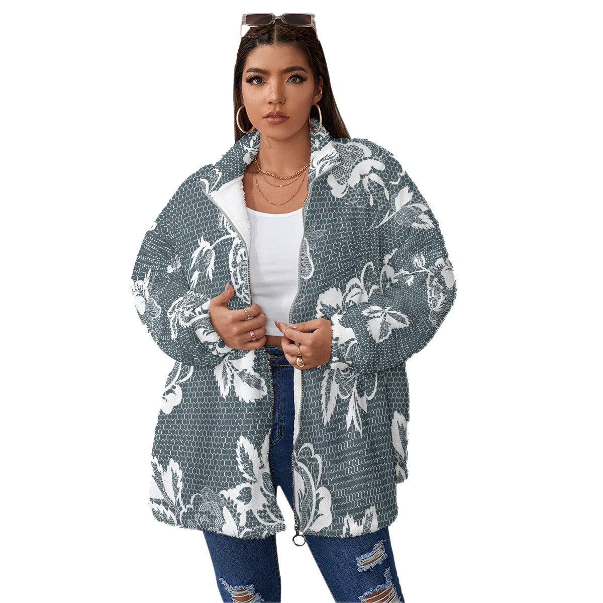 All-Over Print Unisex Borg Fleece Stand-up Collar Coat With Zipper Closure(Plus Size)