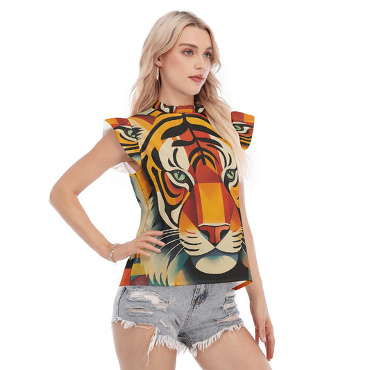 All-Over Print Women's Blouse With Ruffle Collar And Sleeve