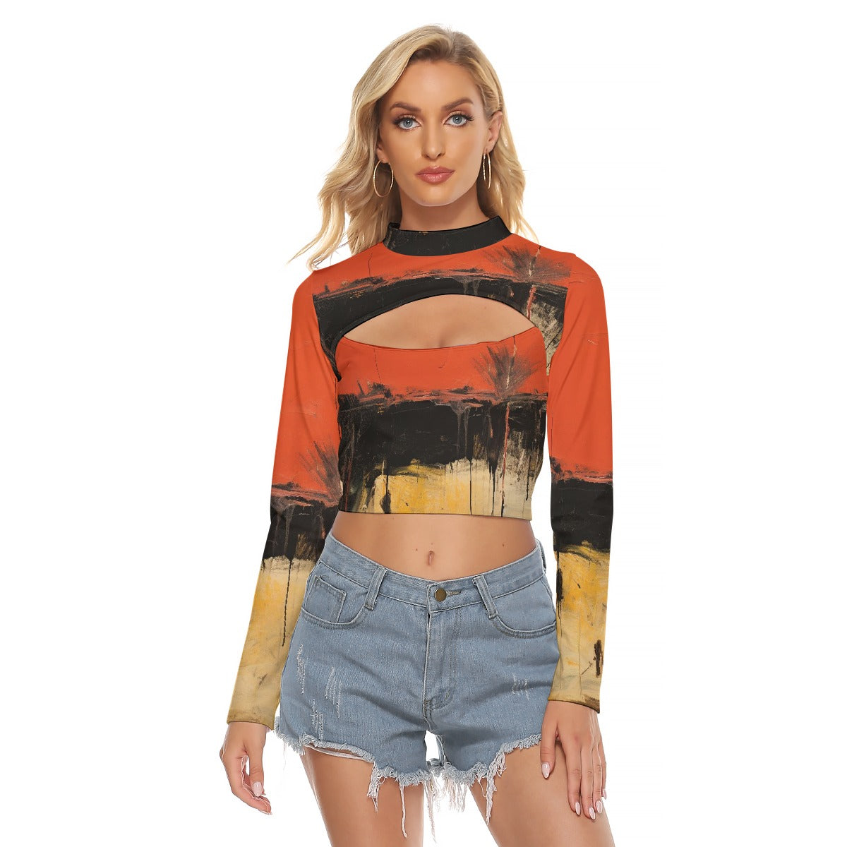 All-Over Print Women's Hollow Chest Keyhole Tight Crop Top