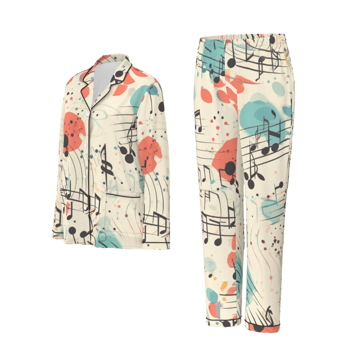 All-Over Print Women's Long Sleeve Pajama Set With Black Contrast Piping