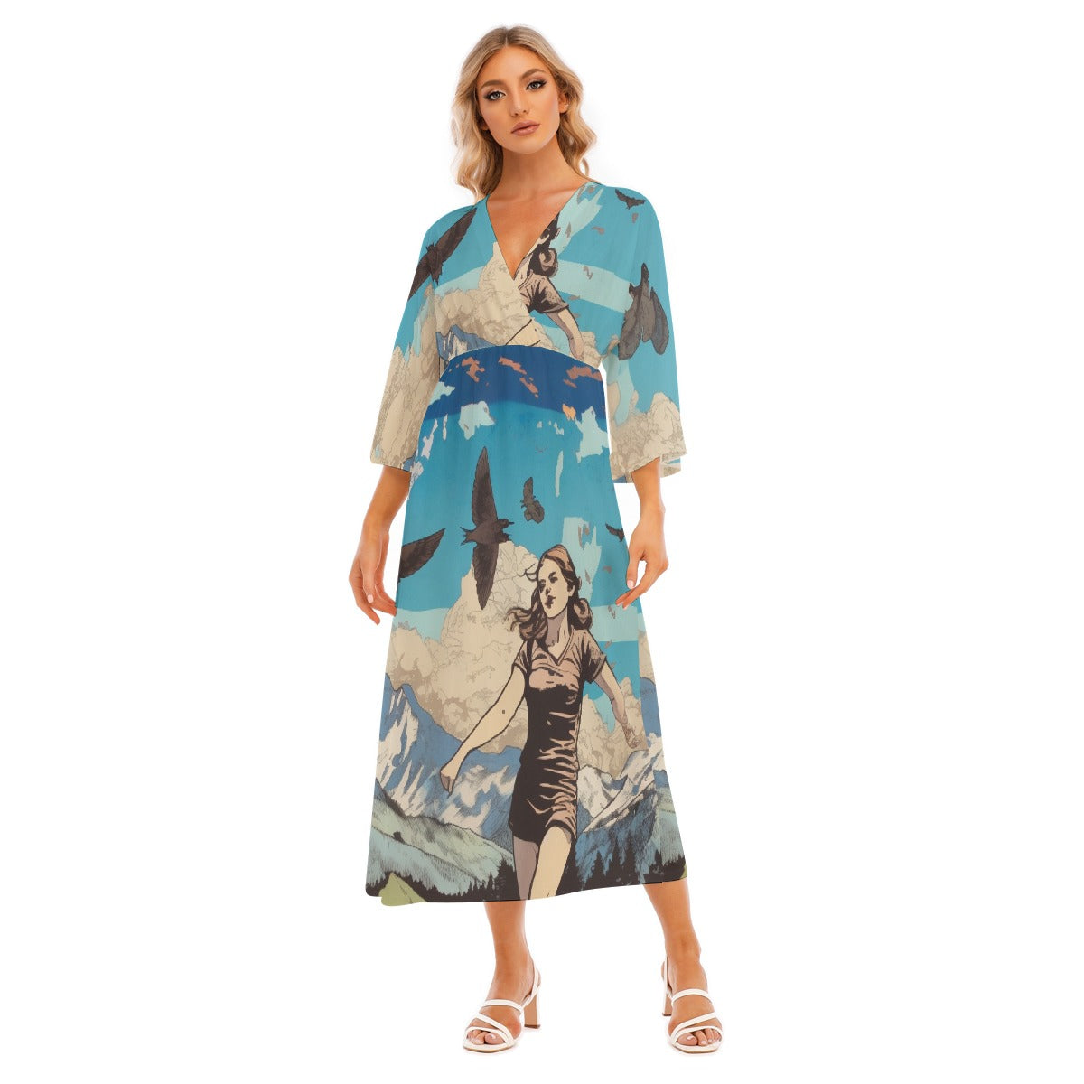All-Over Print Women's Mid-Sleeve Long Dress