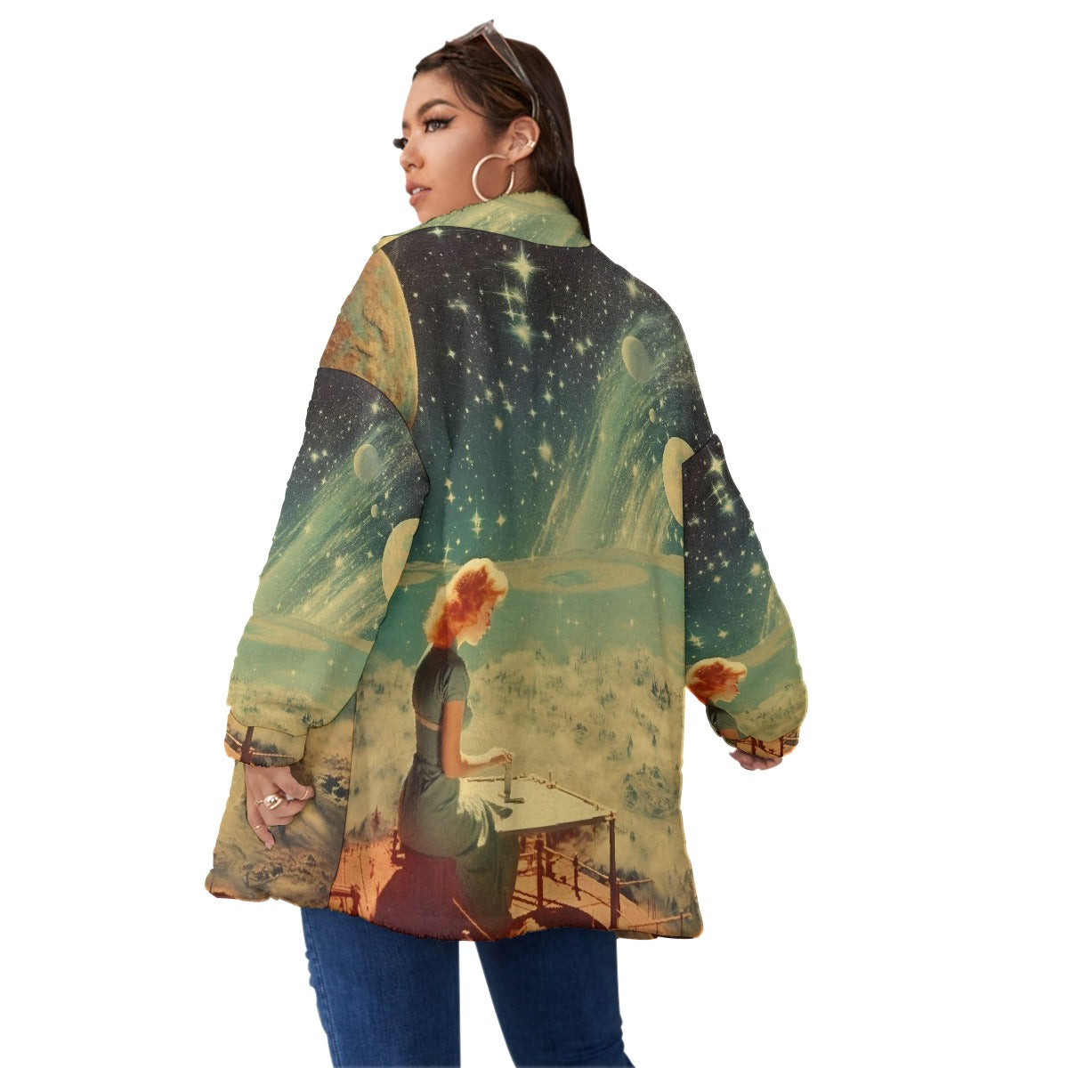 All-Over Print Unisex Borg Fleece Stand-up Collar Coat With Zipper Closure(Plus Size)