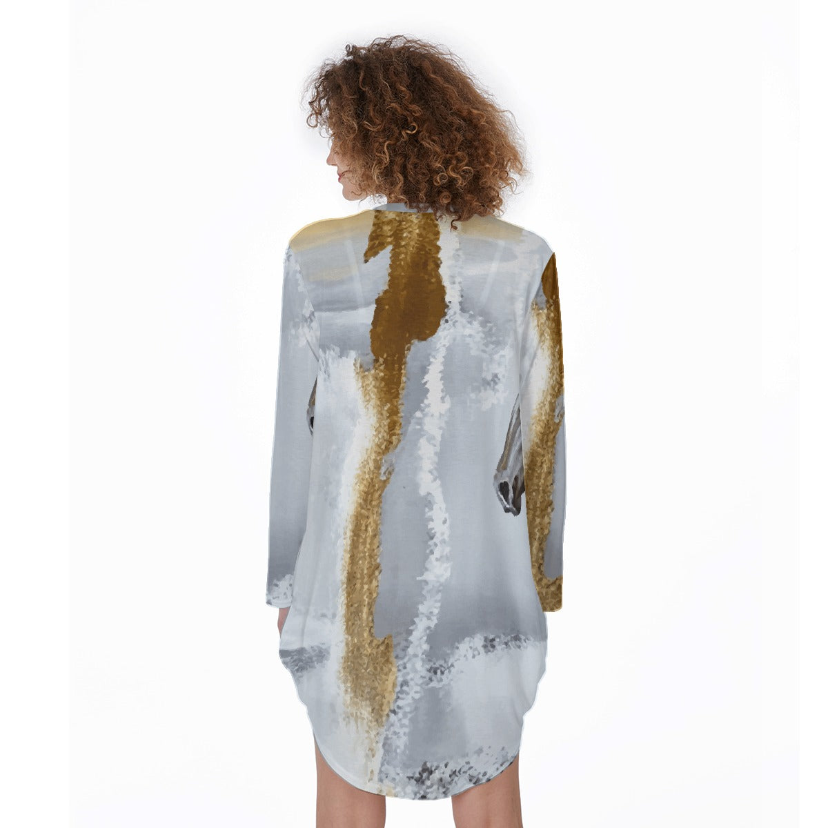 All-Over Print Women's Casual Loose Long Sleeve Dress With Pocket